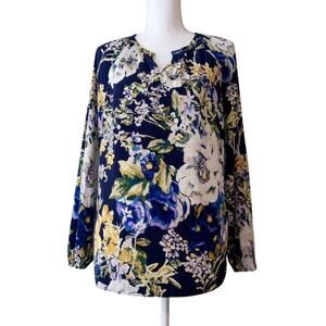 Chicos Floral Top Women Size Medium Blue Preppy Career Classic Feminine